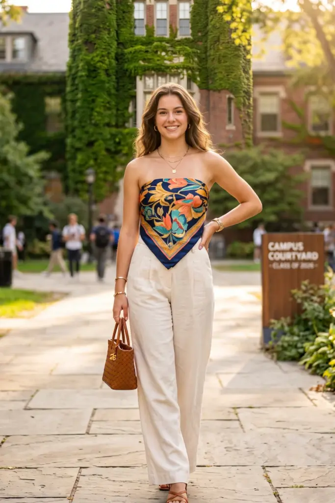 silk-scarf-top-high-rise-trousers-cute-school-outfit-ideas