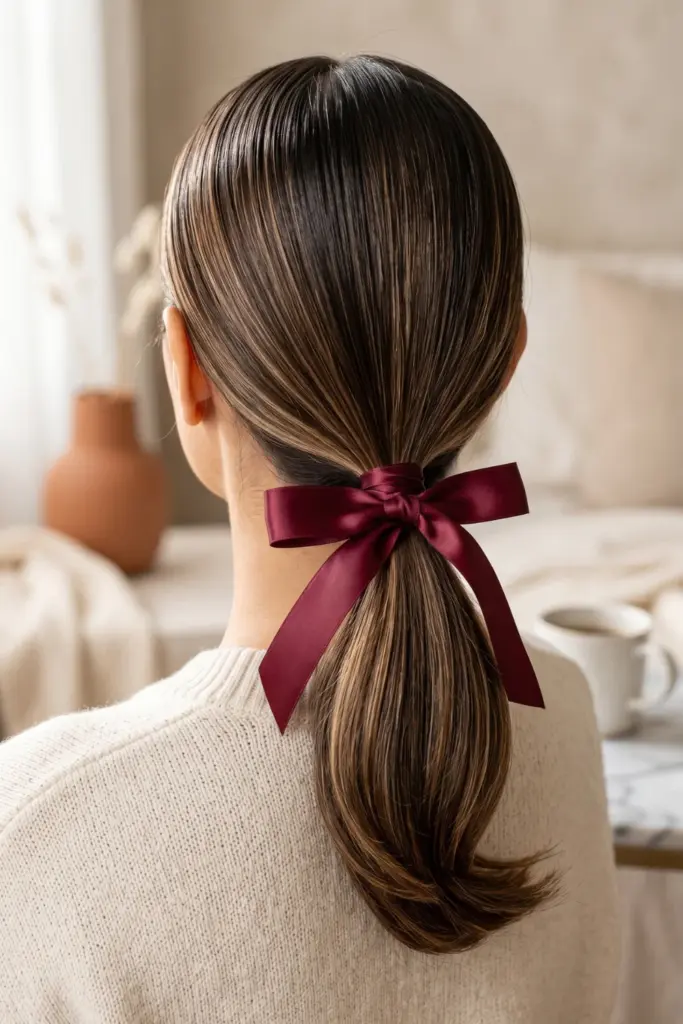 sleek-low-ponytail-ribbon-fall-hairstyles