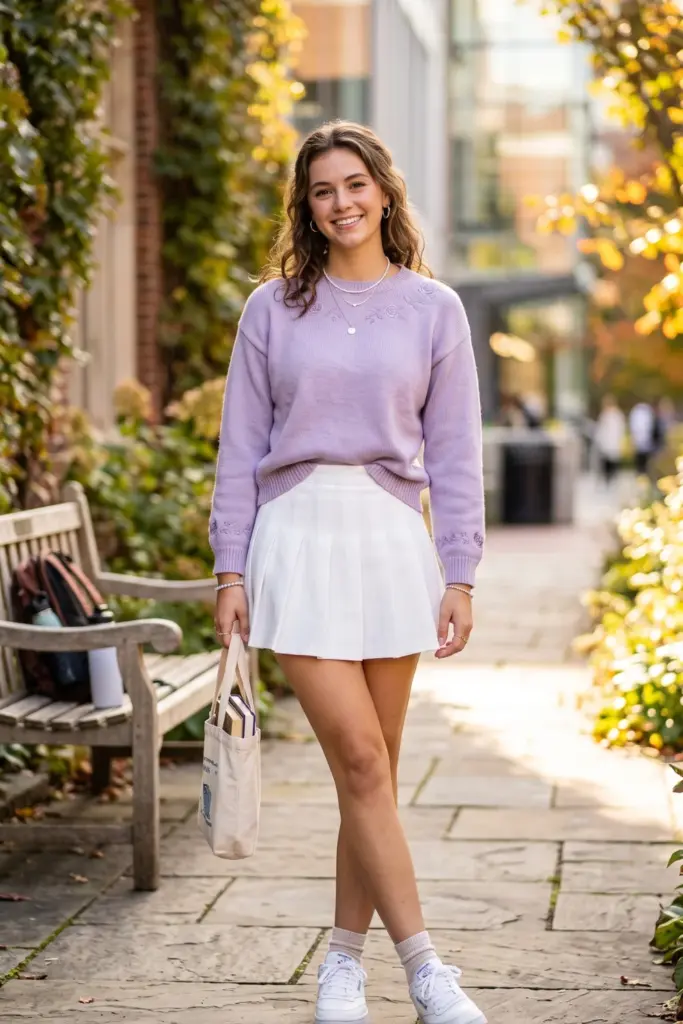soft-lavender-sweater-white-pleated-skirt-school-outfit-picture-day