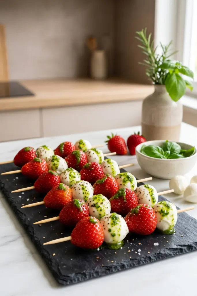 strawberry-mozzarella-skewers-basil-oil-fourth-july-finger-foods