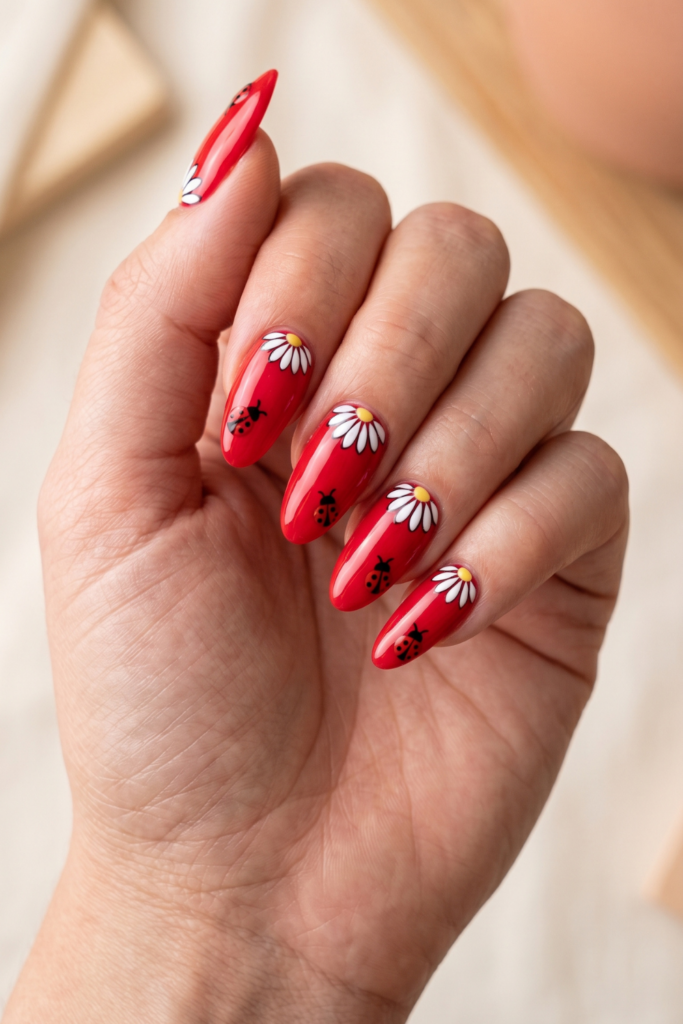 strawberry-red-base-mini-daisy-ladybug-duo-summer-nail-designs