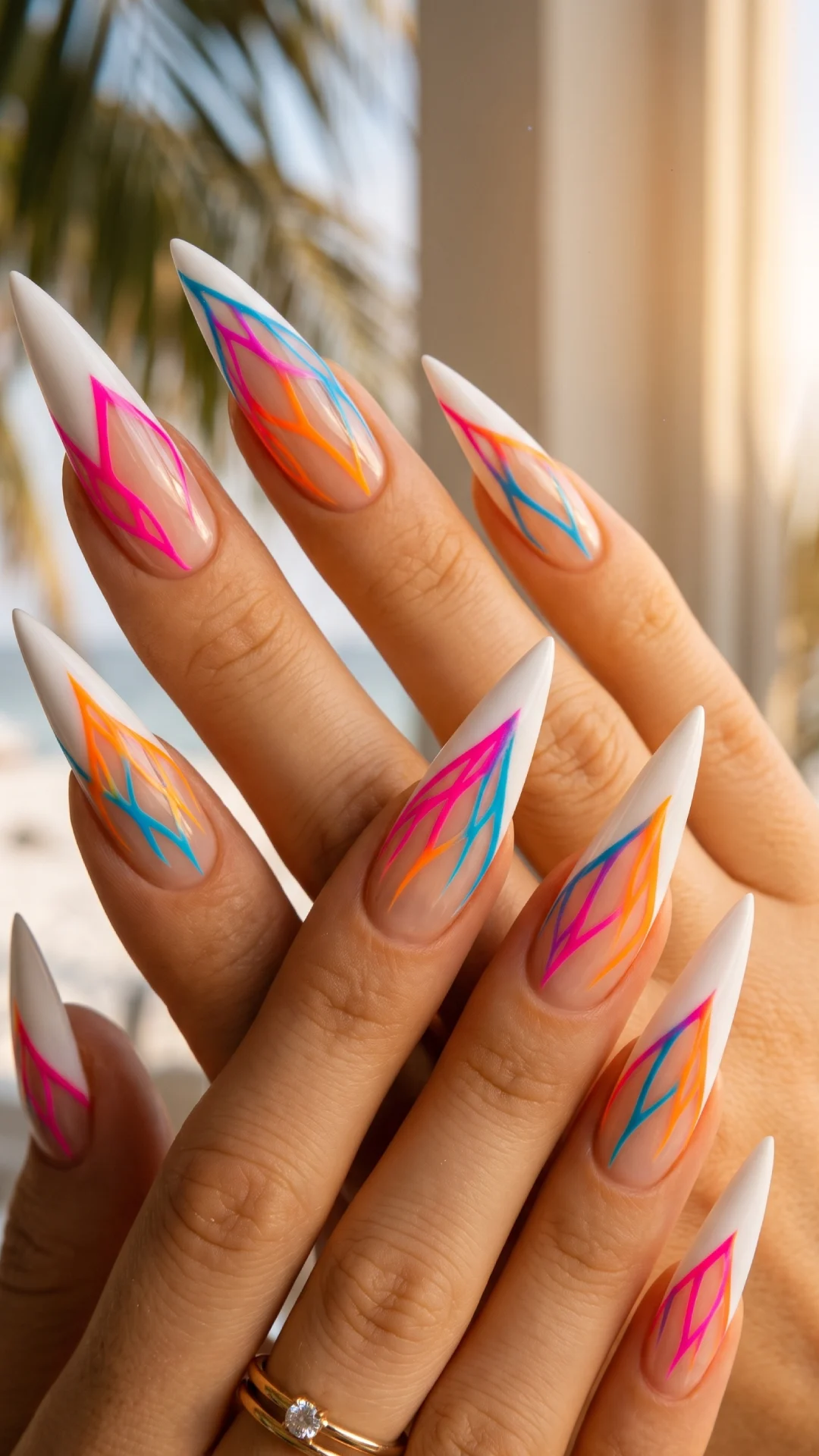 Stunning Neon Stiletto Acrylic Nails with Geometric Lines for Bold Summer Looks