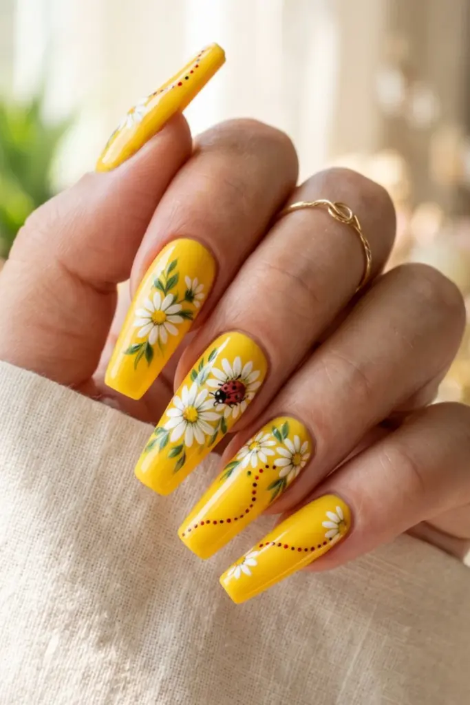 sunny-yellow-ladybug-trail-daisy-burst-summer-nail-designs