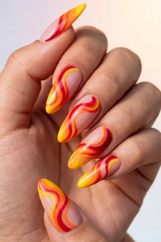 sunset-neon-gradient-red-yellow-twisted-swirls-stunning-neon-abstract-swirl-acrylic-summer-nails-designs-ideas