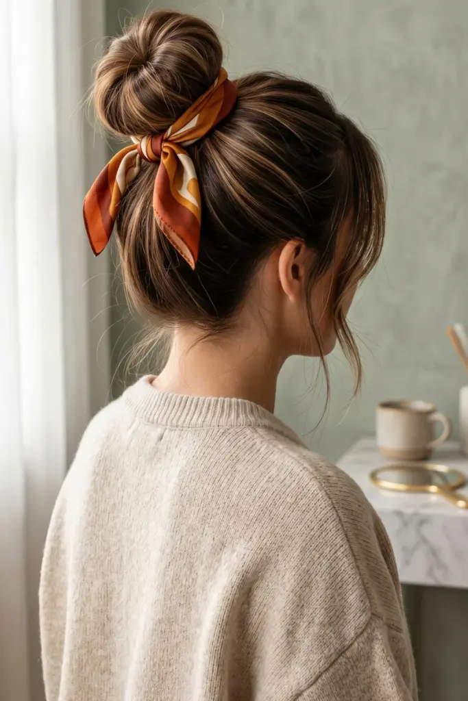 top-knot-silk-scarf-fall-hairstyles