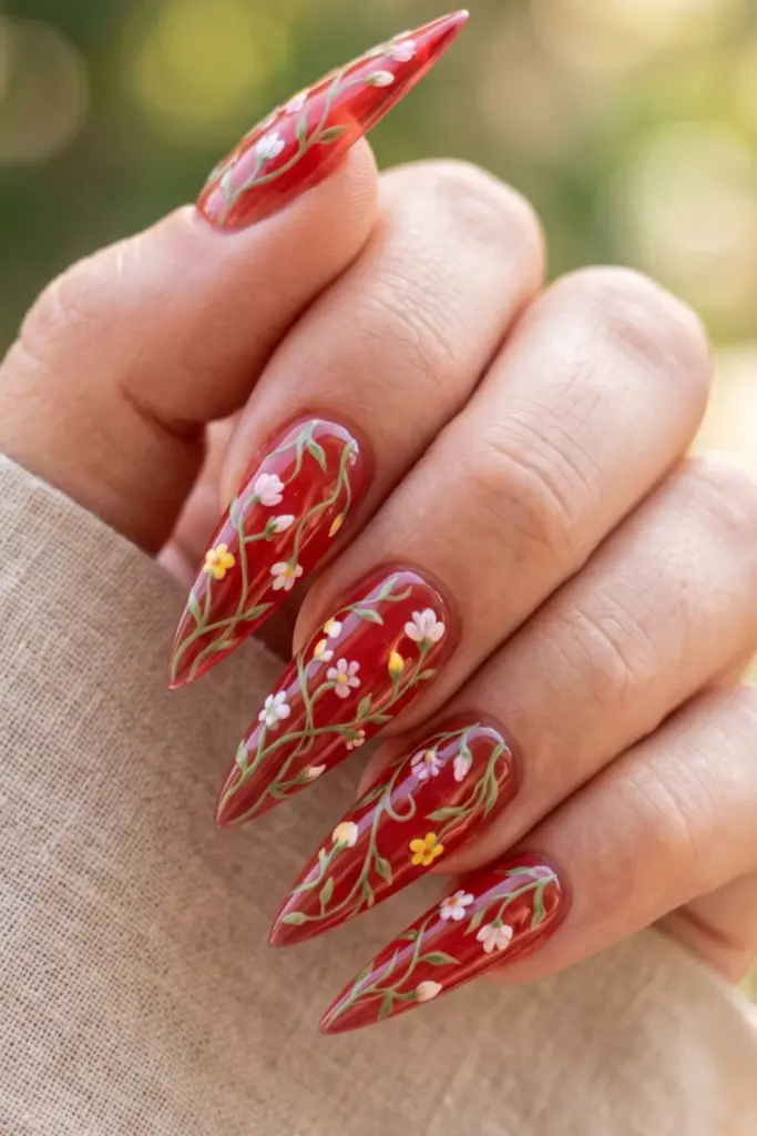 transparent-red-painted-vine-ravishing-red-stiletto-nails-floral-summer-designs-ideas