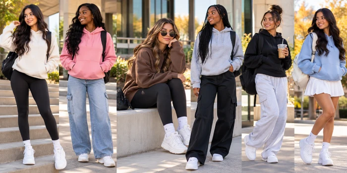 Trendy school hoodie outfits worth saving, featuring cute hoodies styled with jeans, cargo pants, leggings, sneakers, backpacks, and casual school-ready looks.