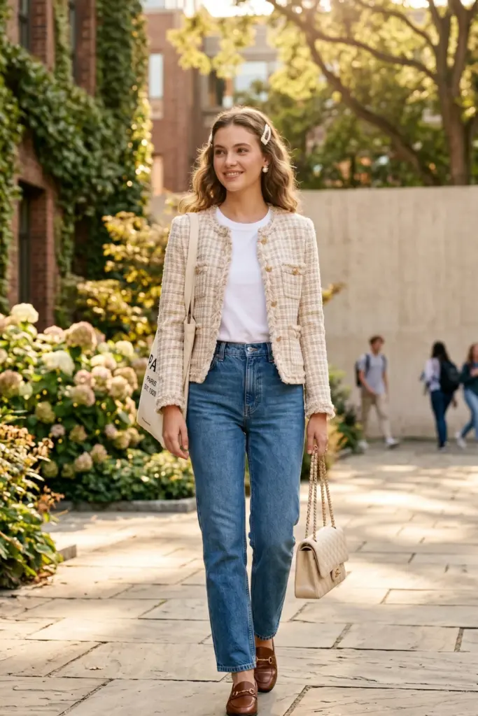tweed-jacket-jeans-pearl-accessories-elegant-aesthetic-school-outfit-design-ideas-going-viral