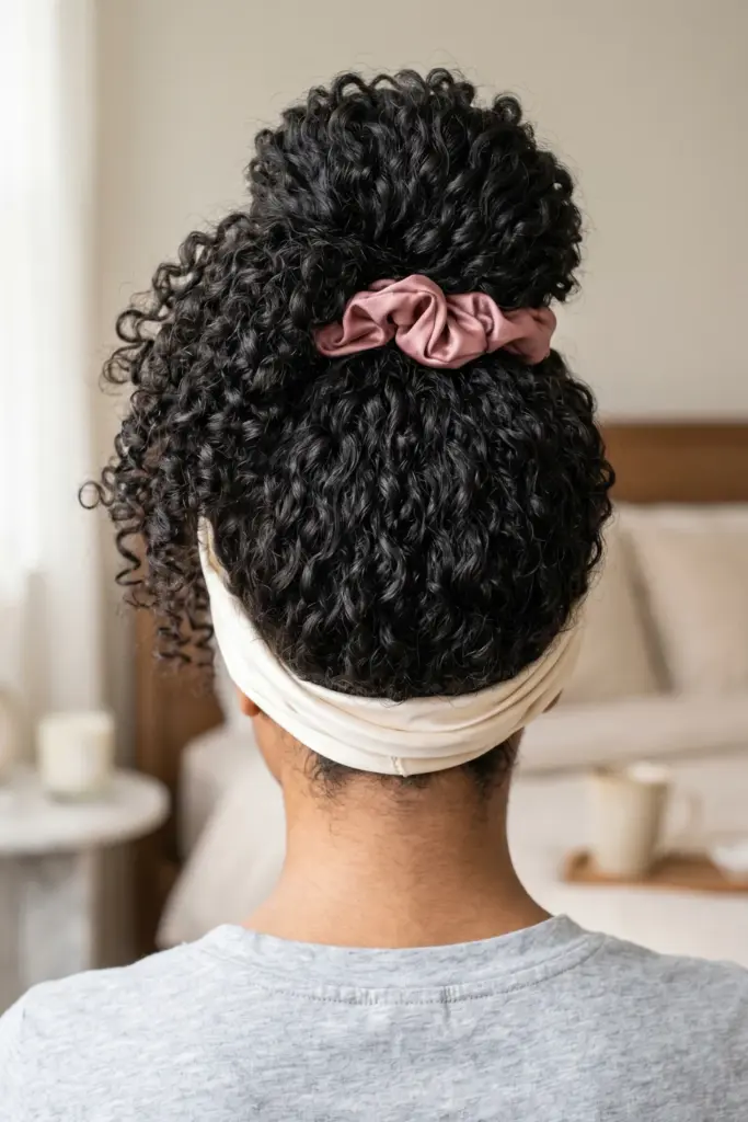 twisted-pineapple-updo-curly-hair-cute-back-to-school-heatless-hairstyles-healthy-hair