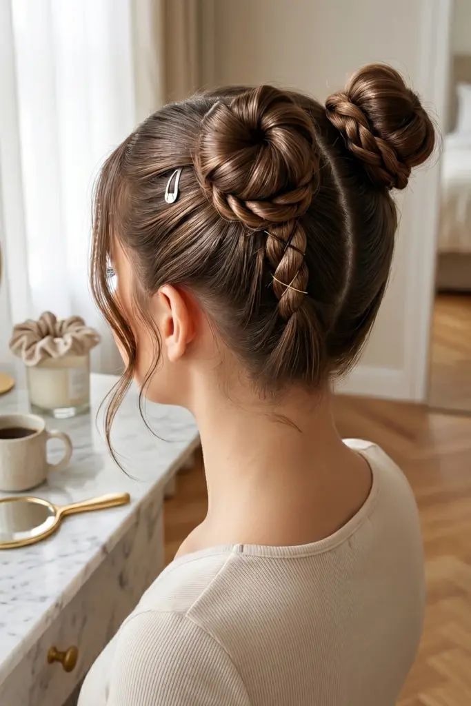 twisted-space-buns-cute-back-to-school-hairstyles-busy-mornings
