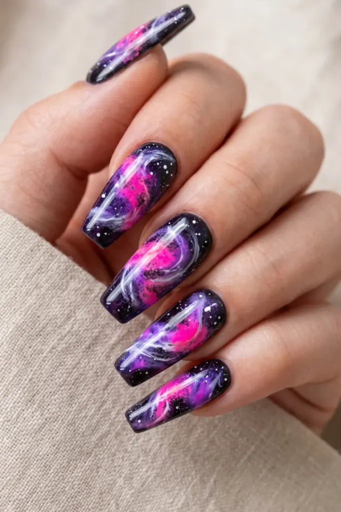 uv-reactive-pink-purple-galaxy-swirls-stunning-neon-abstract-swirl-acrylic-summer-nails-designs-ideas
