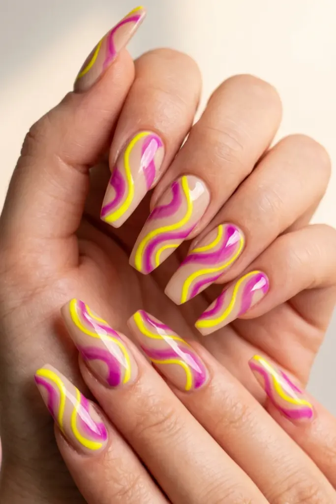 uv-yellow-magenta-double-exposure-swirls-stunning-neon-abstract-swirl-acrylic-summer-nails-designs-ideas