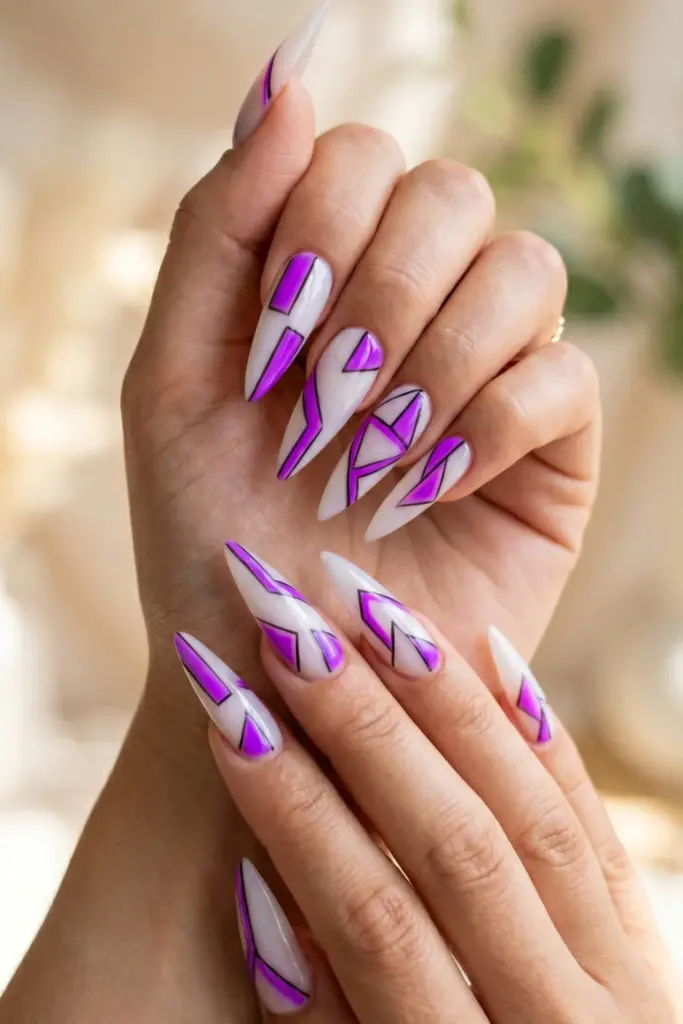violet-neon-asymmetric-geometric-art-stiletto-acrylic-summer-nail-design-ideas