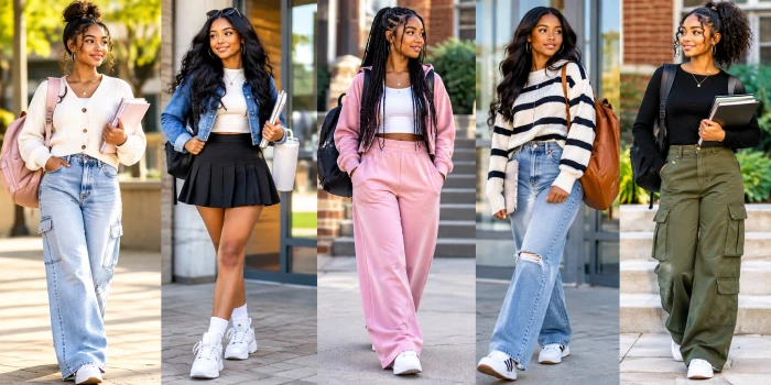 Viral back-to-school outfit design ideas worth saving now featuring trendy casual outfits, stylish jeans, skirts, sneakers, backpacks, and modern school fashion inspiration.