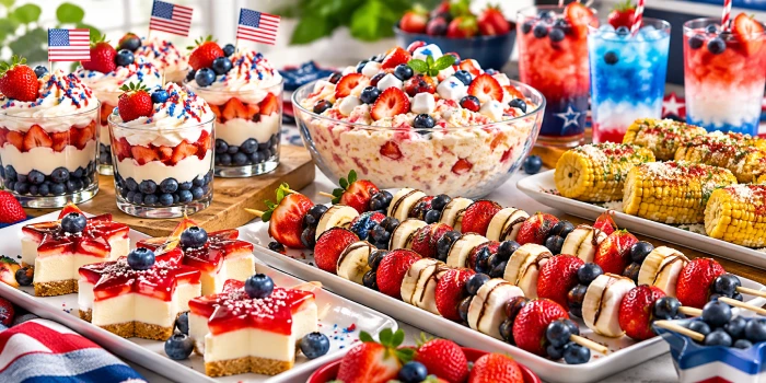 Vibrant Fourth of July party spread featuring red, white, and blue TikTok-inspired recipes, including berry parfaits, star-shaped cheesecake bites, fruit skewers, colorful drinks, and grilled corn.