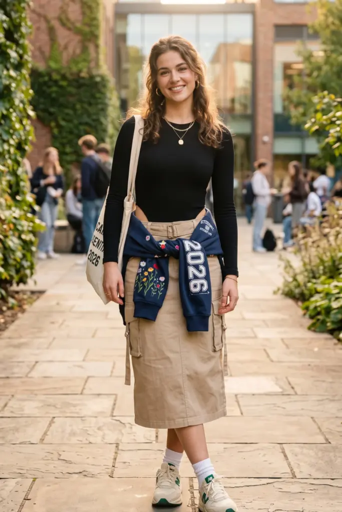 viral-trendy-school-outfits-hoodie-tied-around-waist-fitted-top-cargo-skirt-chic-ideas