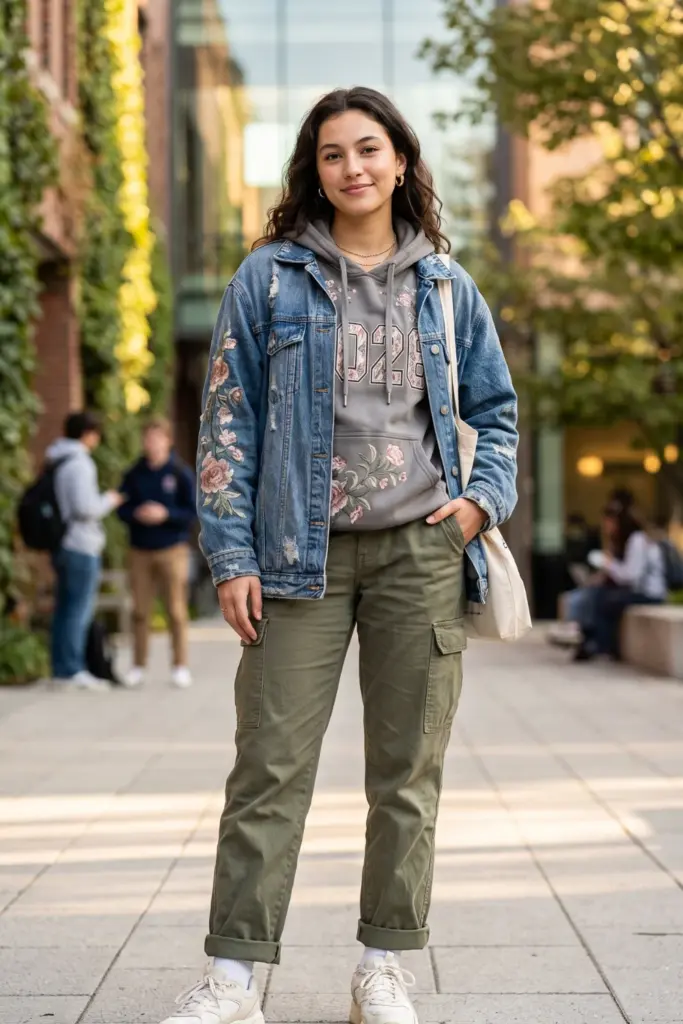 viral-trendy-school-outfits-hoodie-under-denim-jacket-cargo-pants-dad-shoes-chic-ideas