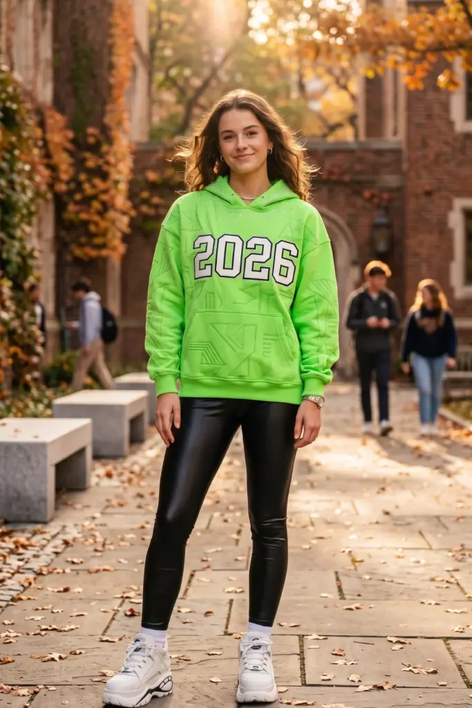 viral-trendy-school-outfits-neon-hoodie-black-faux-leather-leggings-chunky-sneakers-chic-ideas