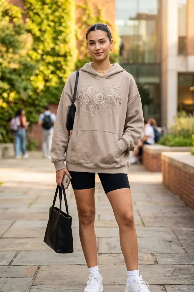 viral-trendy-school-outfits-oversized-neutral-hoodie-biker-shorts-chunky-sneakers-chic-ideas