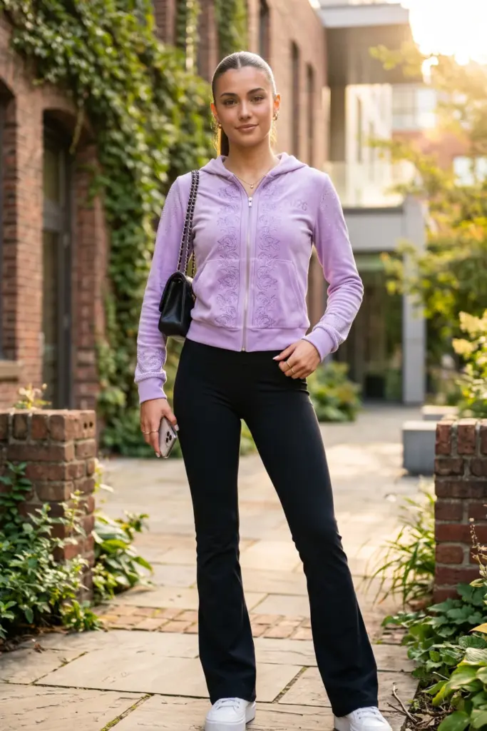 viral-trendy-school-outfits-velour-hoodie-flare-yoga-pants-platform-sneakers-chic-ideas