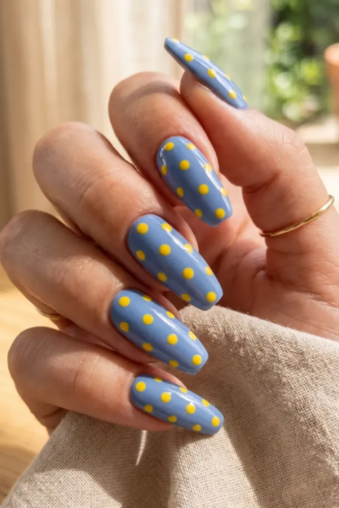 yellow-polka-dots-cornflower-blue-girly-summer-nail-design-ideas