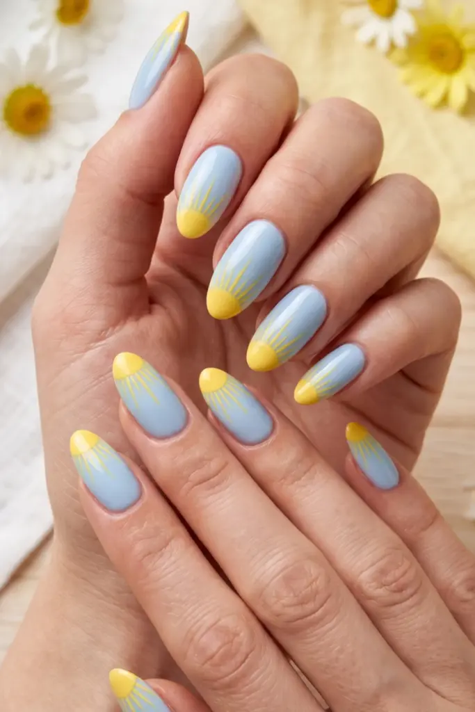sunburst-tips-pale-blue-girly-summer-nail-design-ideas