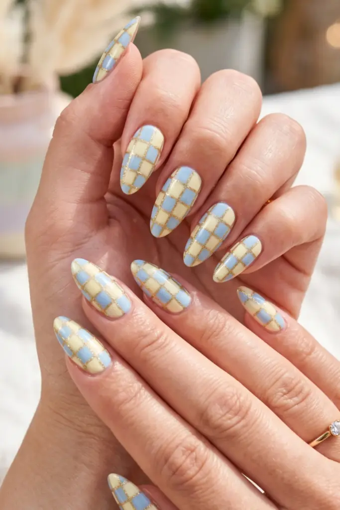 pastel-checkerboard-glitter-outline-blue-yellow-girly-summer-nail-design-ideas