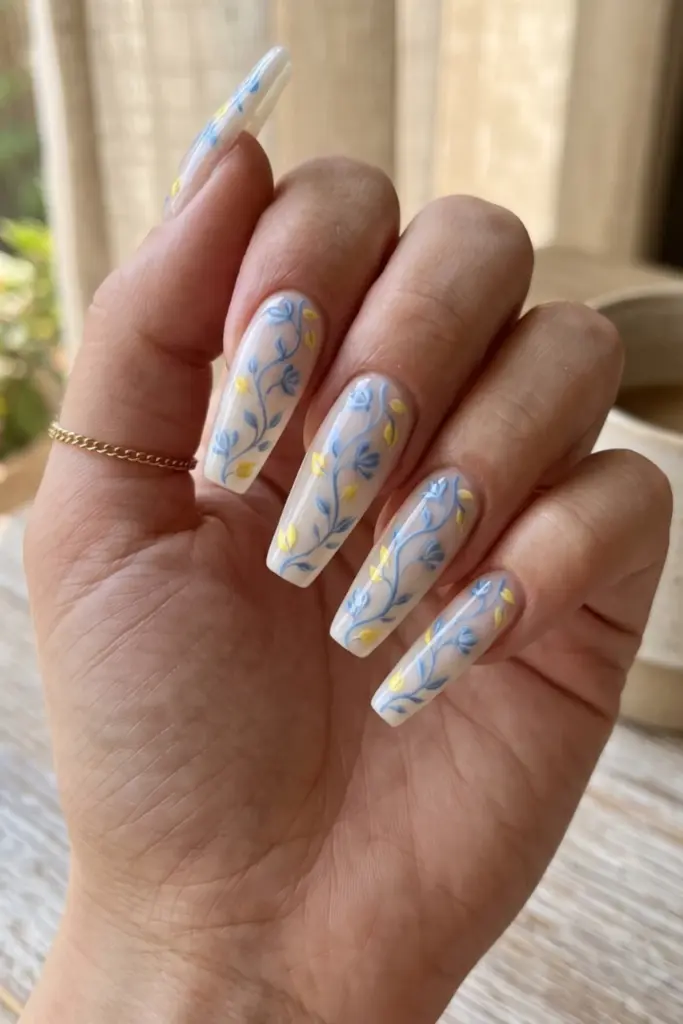 blue-yellow-floral-vine-girly-summer-nail-design-ideas