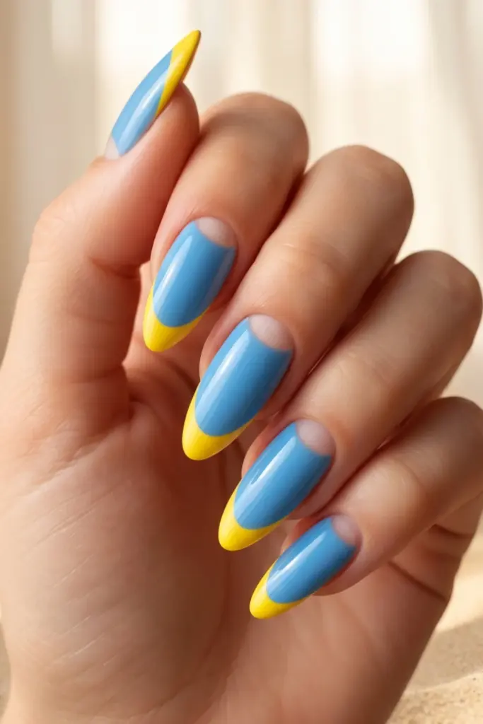 half-moon-french-blue-base-yellow-tips-girly-summer-nail-design-ideas