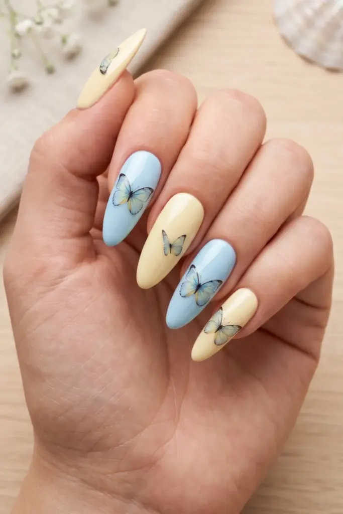 butterfly-decals-sky-blue-buttercream-blue-yellow-girly-summer-nail-design-ideas.