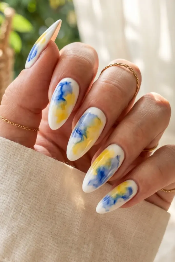 watercolor-wash-blue-yellow-girly-summer-nail-design-ideas