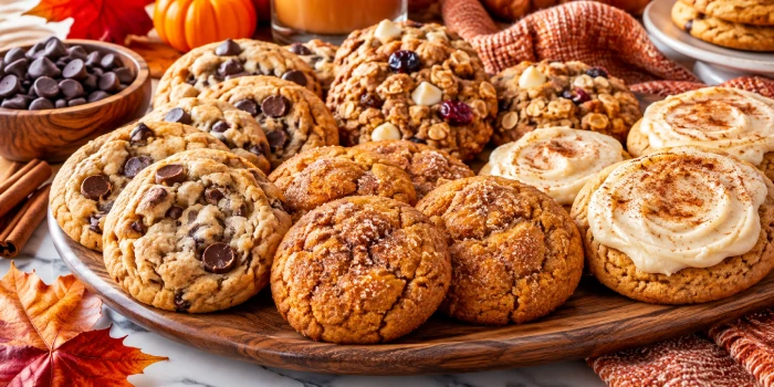 Best cozy fall cookie ideas for school days featuring easy homemade autumn cookies with chocolate chips, pumpkin spice, oatmeal, cranberries, and warm fall flavors.