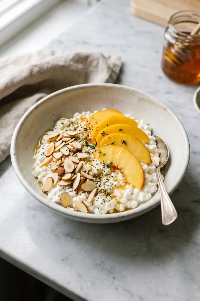 cottage-cheese-bowl-peaches-almonds-breakfast