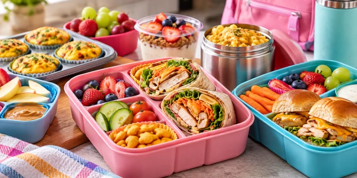 Cozy back-to-school lunch ideas kids will eat featuring colorful bento boxes, chicken wraps, sliders, fresh fruit, vegetables, yogurt, and easy lunch recipes.