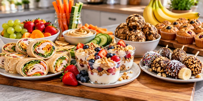 Easy after-school snack recipes kids can't resist, featuring colorful fruit, yogurt parfaits, muffins, energy bites, veggie sticks, and tasty wraps.
