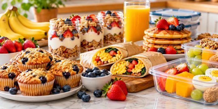 Easy back-to-school breakfast ideas for busy mornings featuring yogurt parfaits, blueberry muffins, egg breakfast wraps, pancakes, fresh fruit, and grab-and-go meal prep options.