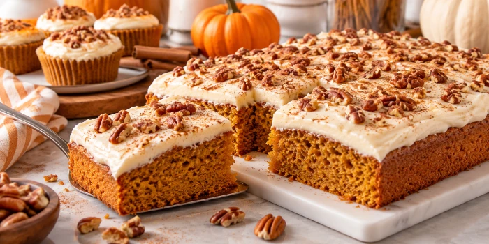 Easy back-to-school pumpkin cake ideas with creamy frosting, pecans, and warm fall spices, perfect for a cozy autumn dessert or school celebration.