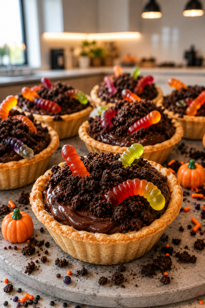 Worms in Dirt mini pies topped with chocolate cookie crumbs and gummy worms for a spooky Halloween dessert.
