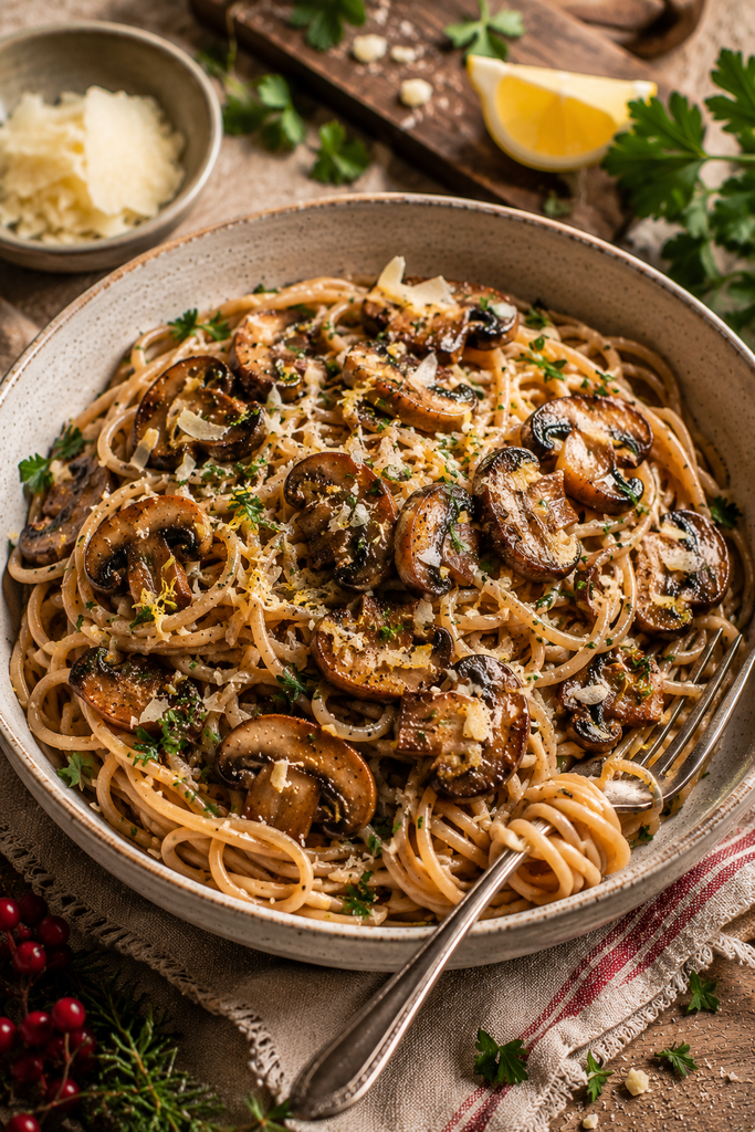 Creamy garlic butter mushroom pasta with golden mushrooms, Parmesan, parsley, and whole-wheat noodles styled for a cozy winter vegetarian dinner.