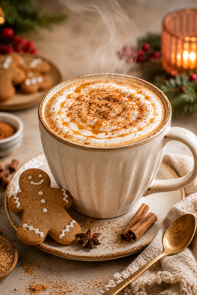 Spiced gingerbread latte with espresso, creamy milk foam, cinnamon, ginger, nutmeg, and festive winter styling.