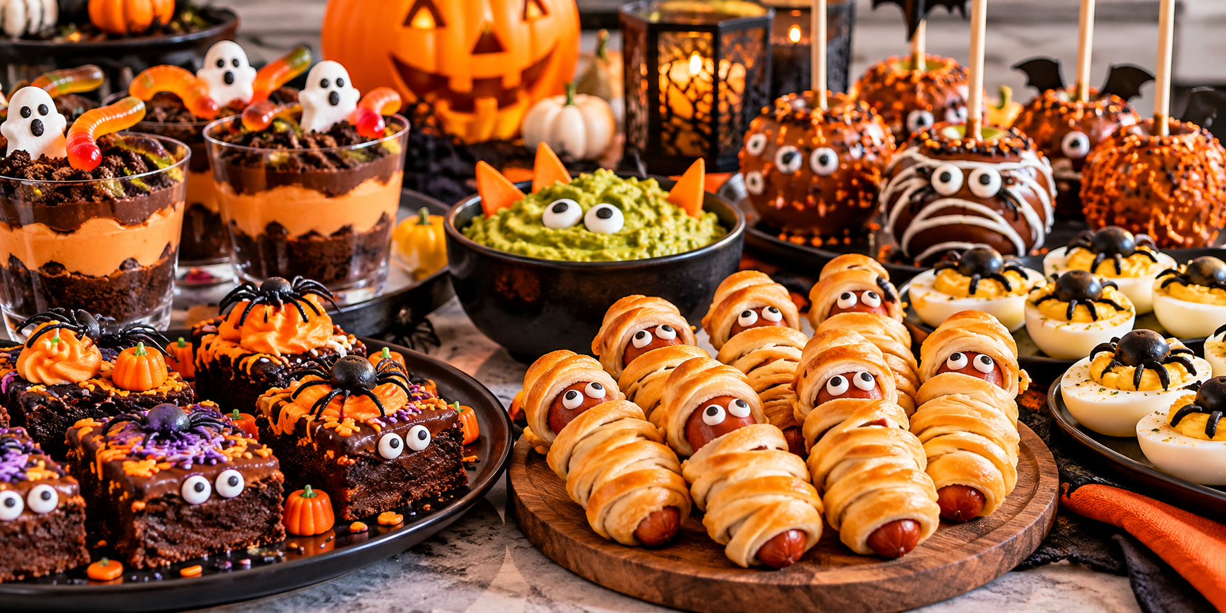 Easy Halloween trendy 2026 recipe ideas for parties featuring festive mummy hot dogs, spooky brownies, Halloween desserts, deviled eggs, and creative party treats