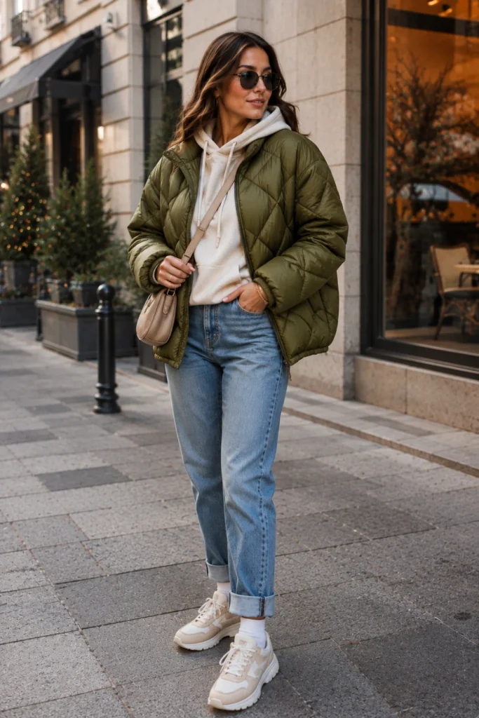 Trendy quilted jacket layered over a hoodie with cuffed jeans and winter sneakers for a stylish cold-weather outfit.