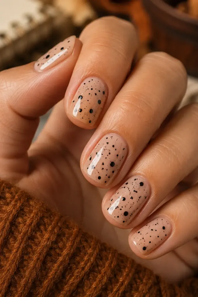 Abstract black splatter nail design on a nude short manicure for a classy fall look.