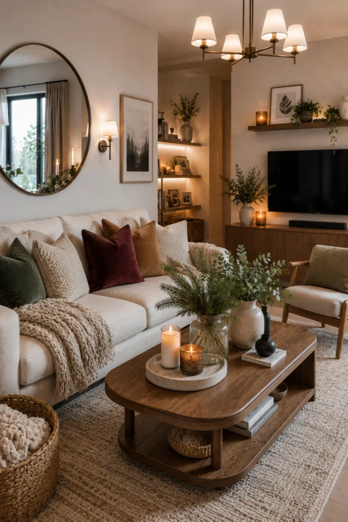 Affordable modern winter home refresh with pillow covers, cozy blankets, candles, simple vessels, DIY greenery, and rearranged furniture.
