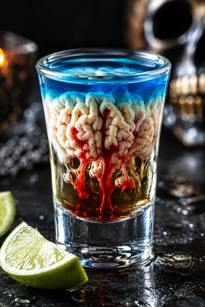 The Alien Brain Hemorrhage layered Halloween shot has peach schnapps, Bailey's, blue curaçao, a creamy curdled texture, and grenadine streaks.