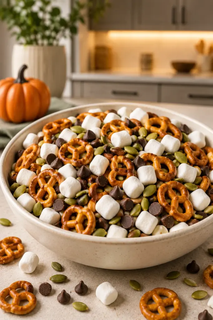 Allergy-Friendly School-Safe gluten-free Halloween trail mix with gluten-free pretzels, pumpkin seeds, dairy-free chocolate chips, and mini marshmallows.