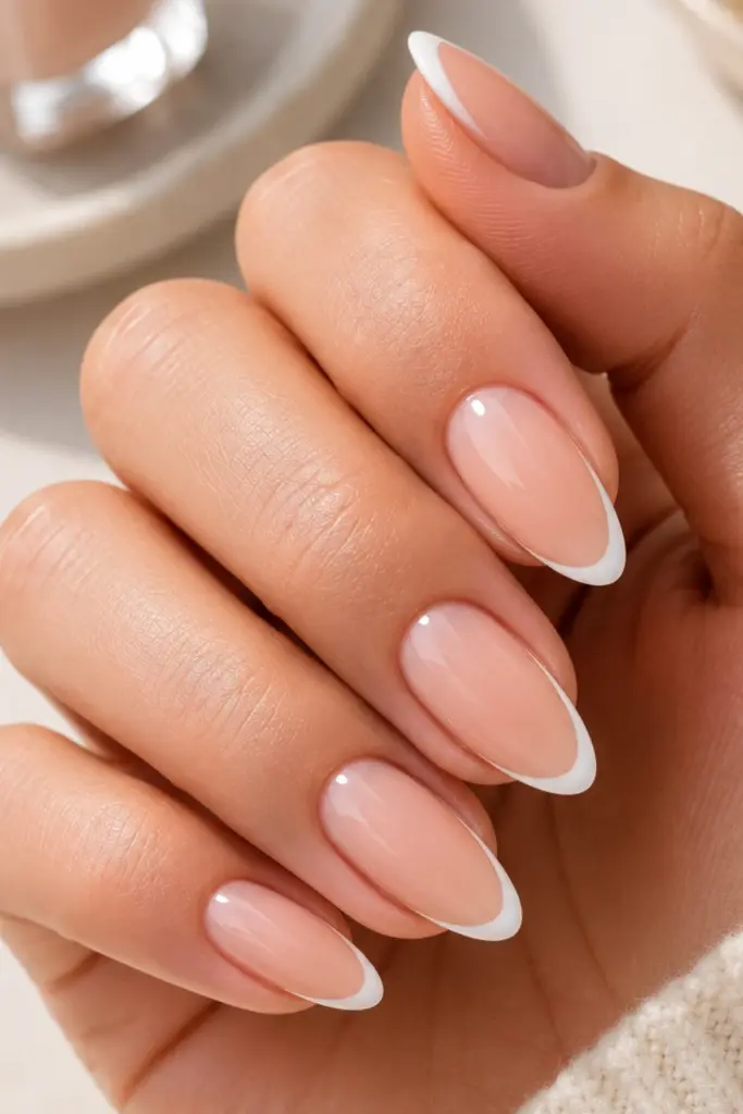 Elegant almond-shaped nude nails with classic white French tips for a feminine school manicure.