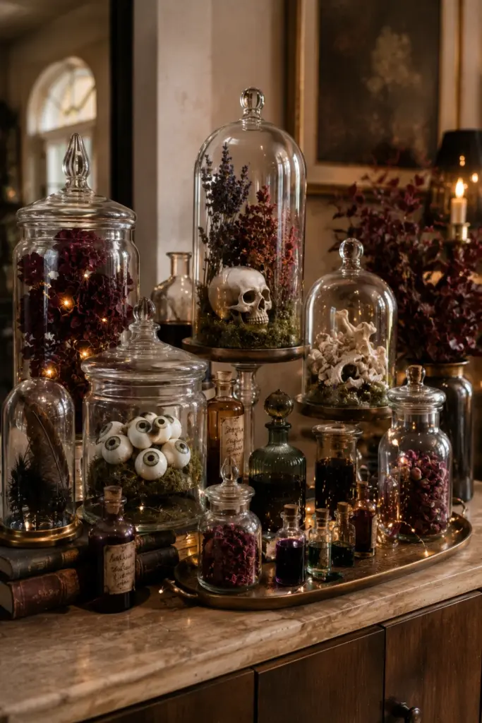 Elegant apothecary jars filled with Halloween curiosities, dried flowers, eyeballs, potion bottles, and candles styled on a modern shelf for Best Halloween Aesthetic Design Ideas for Every Home.