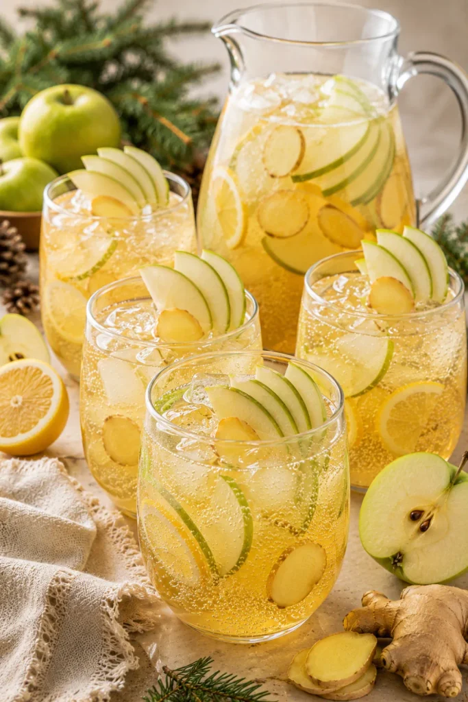 Crisp apple ginger fizz with fresh ginger, lemon, sparkling water, and apple slices styled for modern winter entertaining.