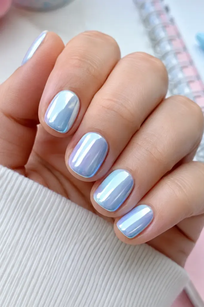 Cute short baby blue chrome nail designs with a glossy metallic finish for a stylish school season.